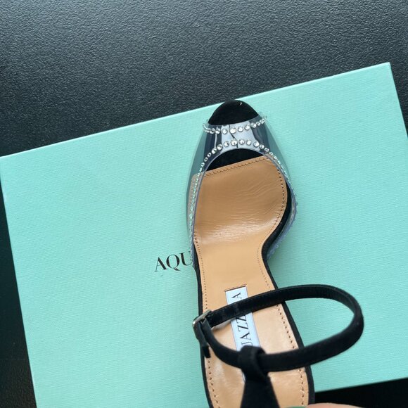 NWT Aquazzura Ray Of Light Sandals Plexi Crystal Peep Toe 105 Black Suede/PVC - Picture 12 of 13